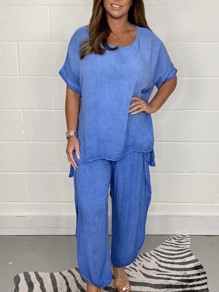 

Summer Women Loungewear Suits O-Neck Pullover Top Wide Leg Pants Two Pieces Outfit Half Sleeve Elastic Waist Ladies Matching Set