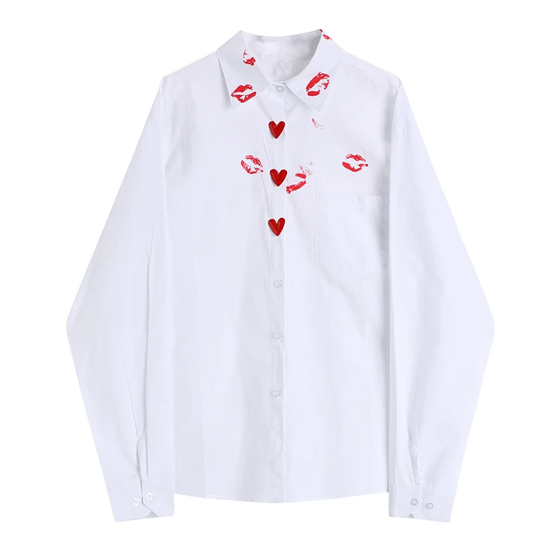

KBAT 2022 Осенняя женская новая стильная рубашка с принтом губ и сердца, женская модная Свободная белая блузка с длинным рукавом, темпераментна...