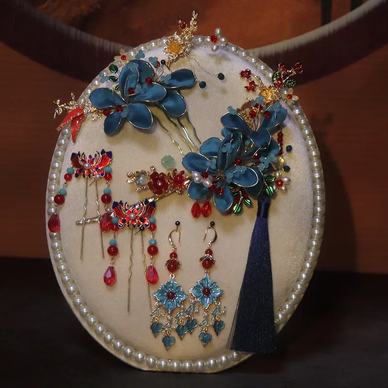 

New Chinese Wedding Blue Velvet Flowers Ancient Costume Hair Jewelry Classical Bride Coiled Hair Headdress