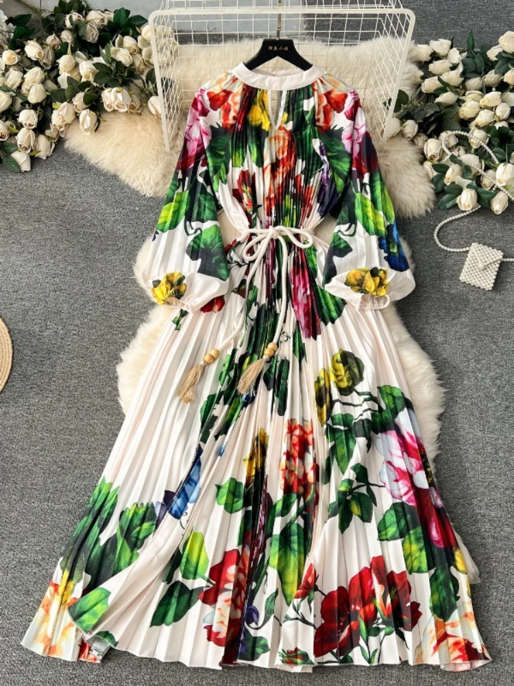 Женское длинное платье с рукавами-фонариками элегантное плиссированное