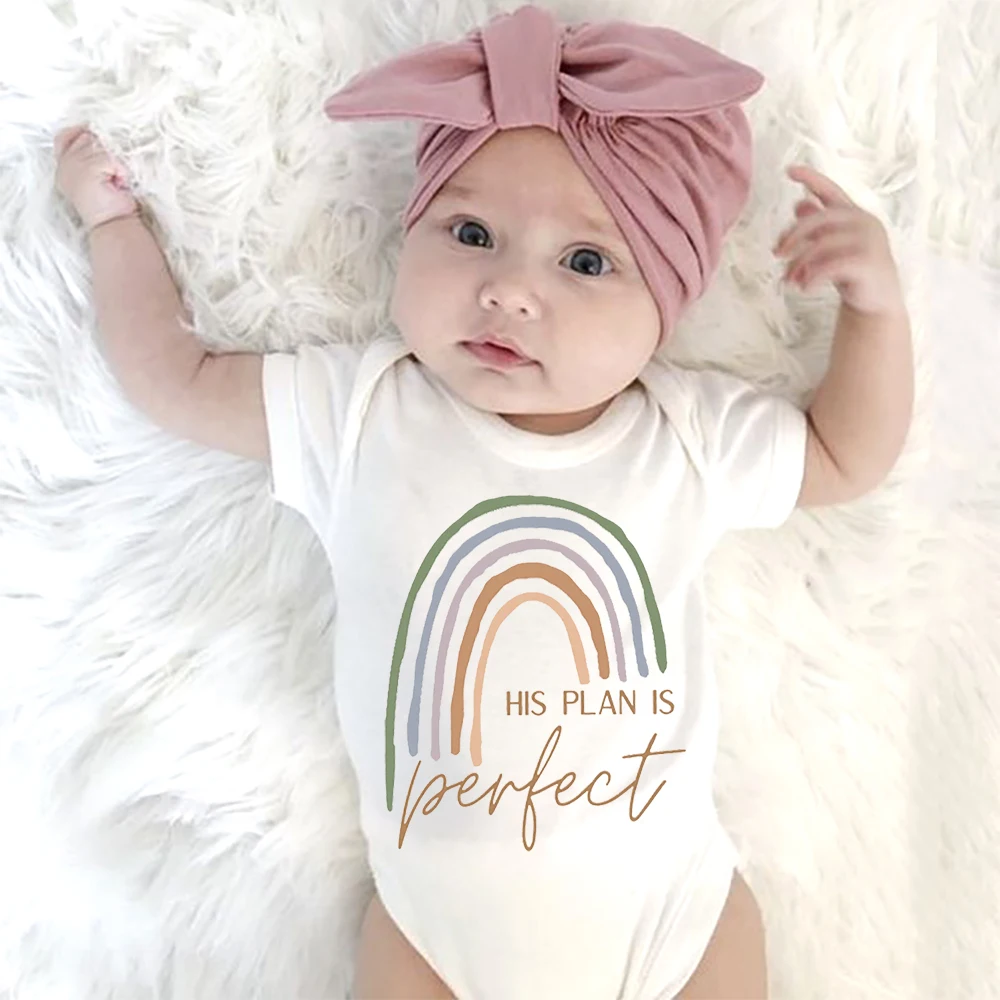 

His Plan Is Perfect Toddler Baby Romper Summer Short Sleeve Bodysuit Cute Rainbow Letter Print Newborn Baby Girl Outfit Clothes