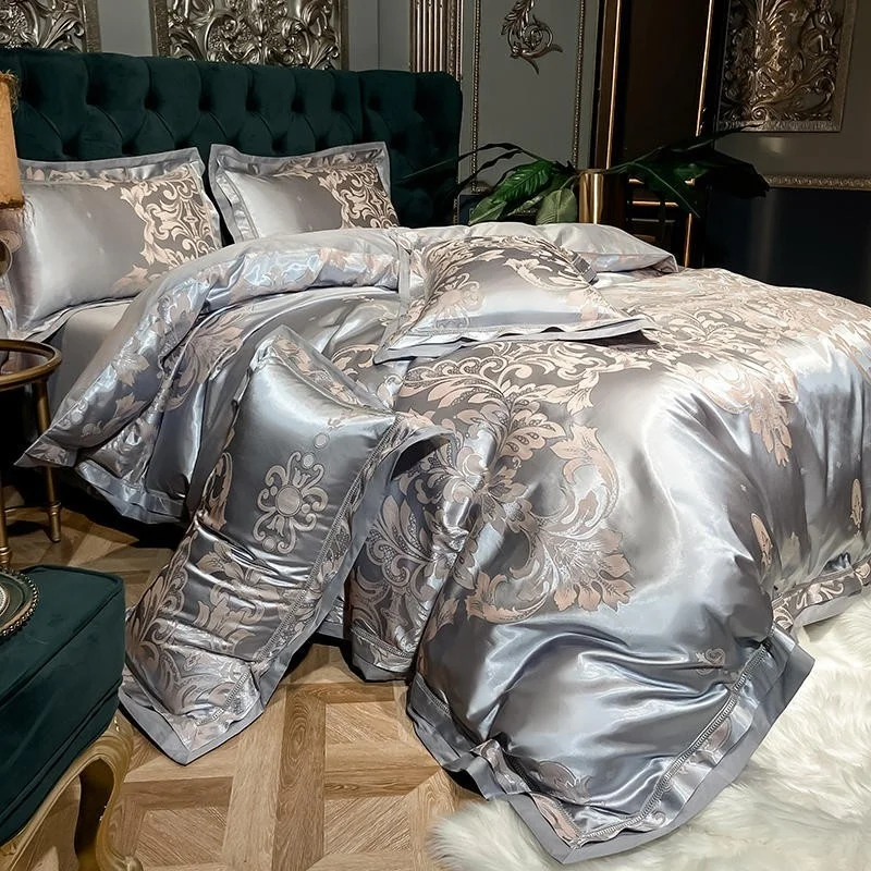 

Silk Sateen Cotton Delicate Jacquard Champagne Silver Silky Soft Bedding Set 1 Bed sheet1 Duvet Cover 2 Pillowcases