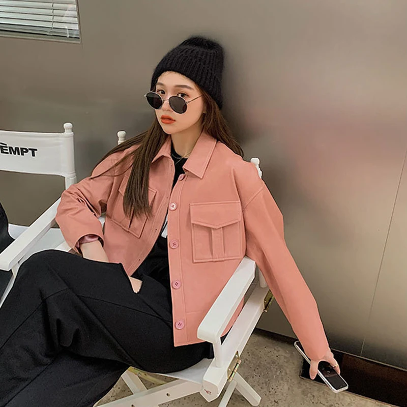 Женская однобортная куртка из овечьей кожи повседневная облегающая короткая с