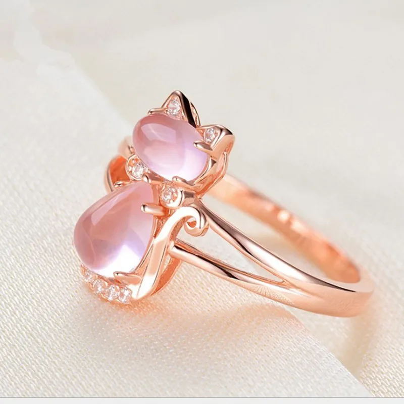 

Fashion Rose Gold Pink Cat Ring,For Girls Lovely Temperament Lady Inlaid Pink Crystal Rings Women Jewelry Teens Ring Wholesale