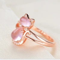fashion rose gold pink cat ringfor girls lovely temperament lady inlaid pink crystal rings women jewelry teens ring wholesale