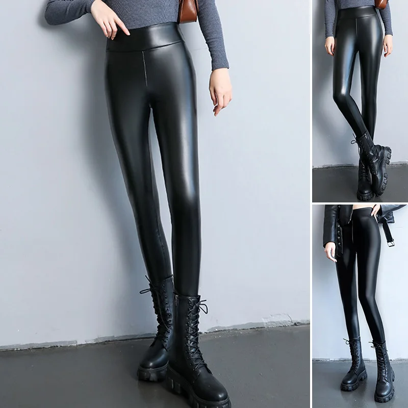 

Осень-зима 2022, бархатные плотные теплые кожаные брюки, женские эластичные леггинсы из искусственной кожи с высокой талией, черные повседнев...