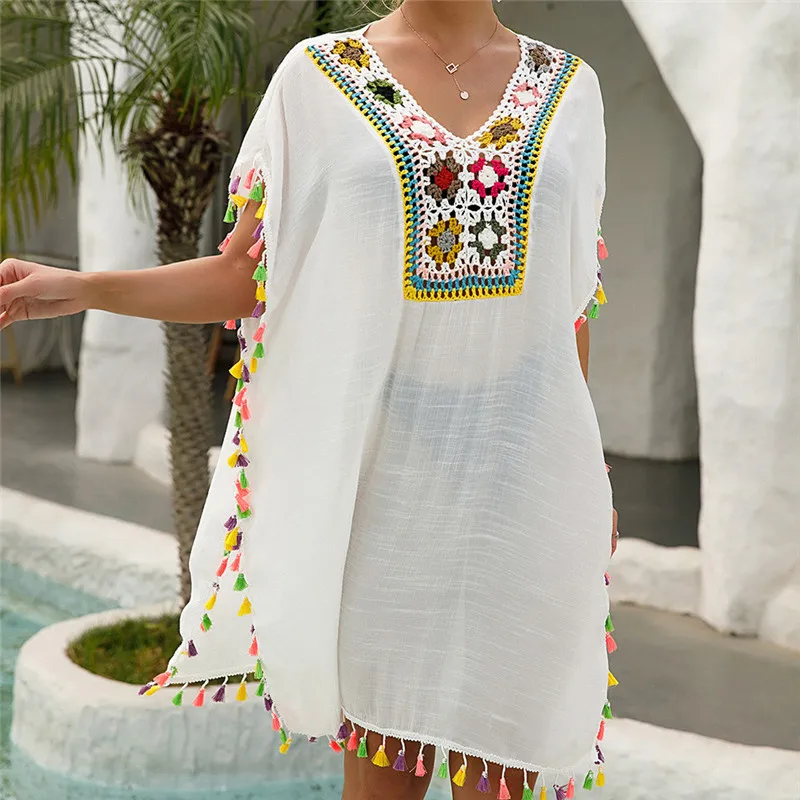 

Tassel Beach Cover Up Dress Woman Summer 2022 Pareo Bathing Suit Cover Ups White Crochet Swim Coverup Female Tunics Cover-up