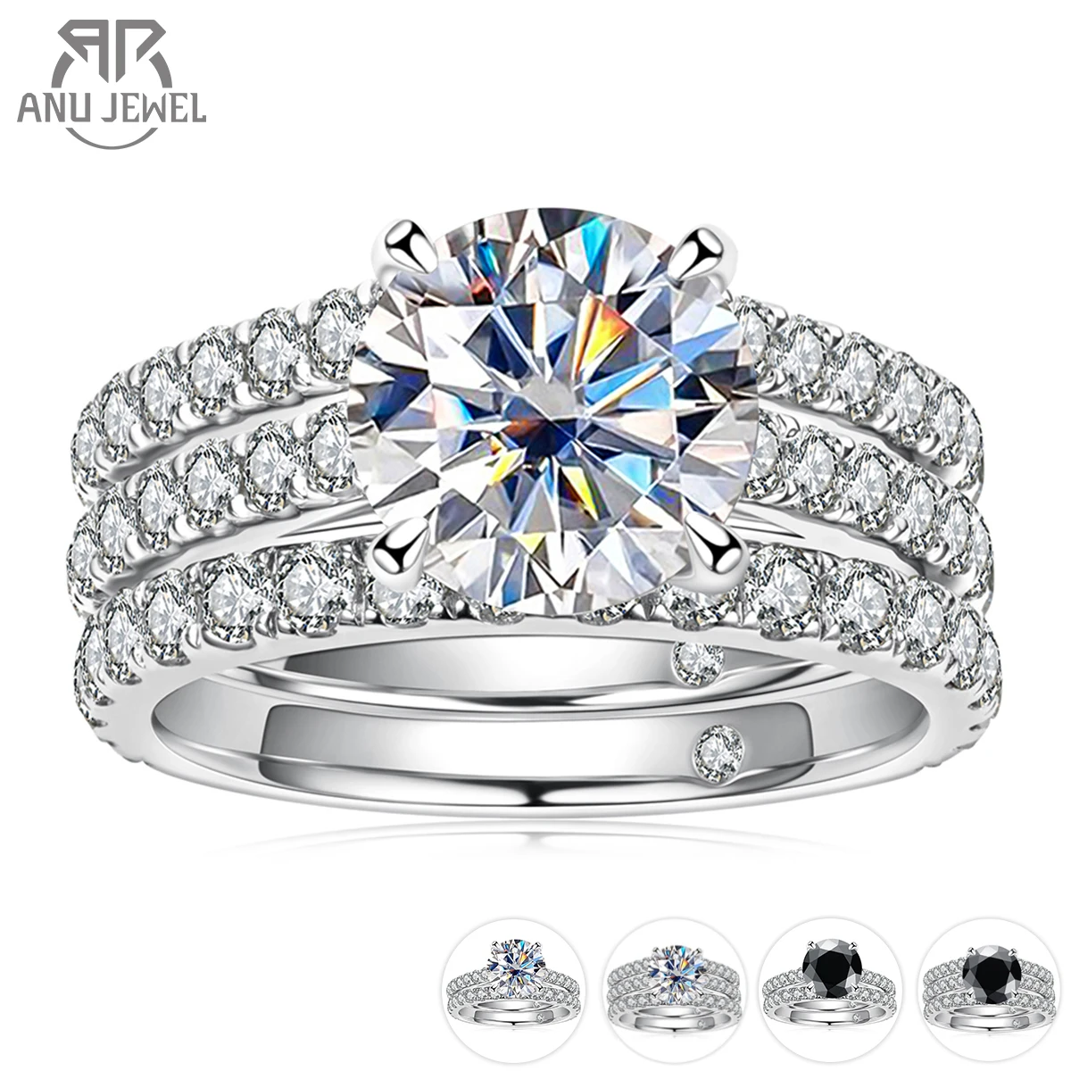 AnuJewel 3ct Main Stone(Total 4.15ct) D Color Moissanite Ring Set Bridal Sets Wedding Band Silver Rings With GRA Wholesale