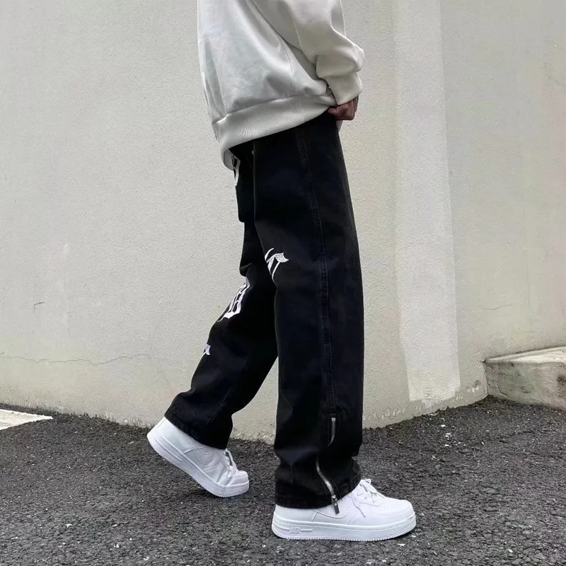 2022 Vibe Style Musical Note Embroidery Black Streetwear Men Slim Jeans Trousers Ankle Zipper Hip Hop Women Denim Pants Pantalon