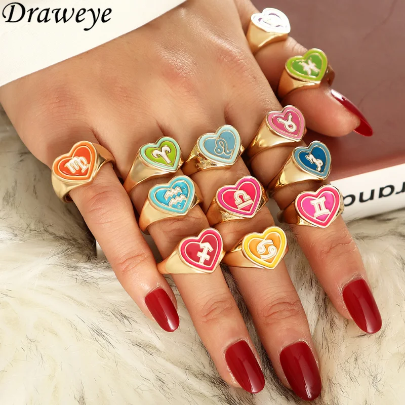 

Draweye Heart Constellation Open Rings for Women Contrast Color Metal Vintage Colorful Jewelry Geometric Ring Anillos Fashion