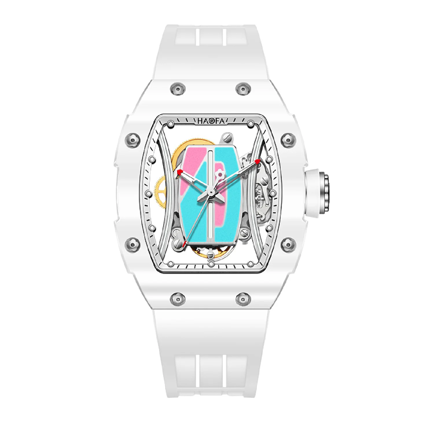 

Haofa Ladies Automatic Watch Hollow Colorful Dial Ceramic Bezel Sapphire Waterproof Mechanical Watch Skeleton Women's Watch 1991