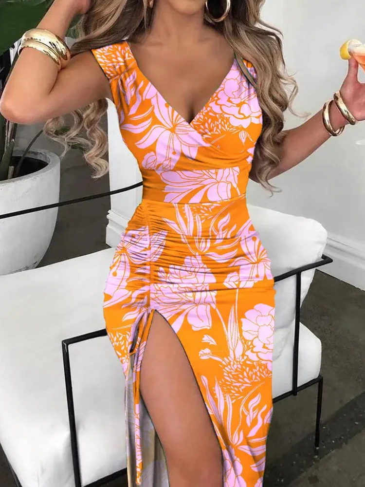 

Sexy V Neck Sleeveless Slim Slit Party Dress Women Elegant Floral Print Drawstring Long Dress Fashion High Waist Ladies Dresses