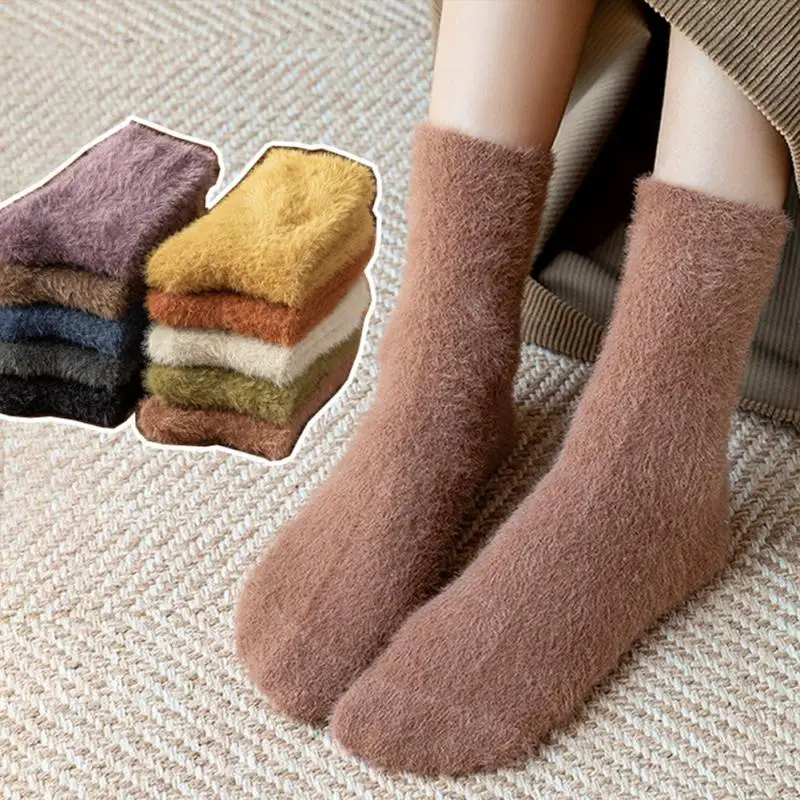 

1 Pair Women Socks Candy Color Winter Warm Fluffy Thicken Fleece Bed Socks Ladies Indoor Floor Soft Elastic Coral Velvet Socks