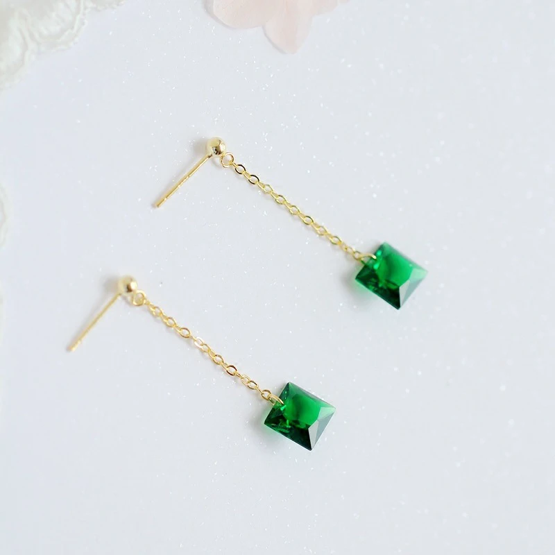 

925 Sterling Silver Green Square Zircon Stud Earrings for Women Simple Medium Length Pendant Versatile Fine Earrings Accessories