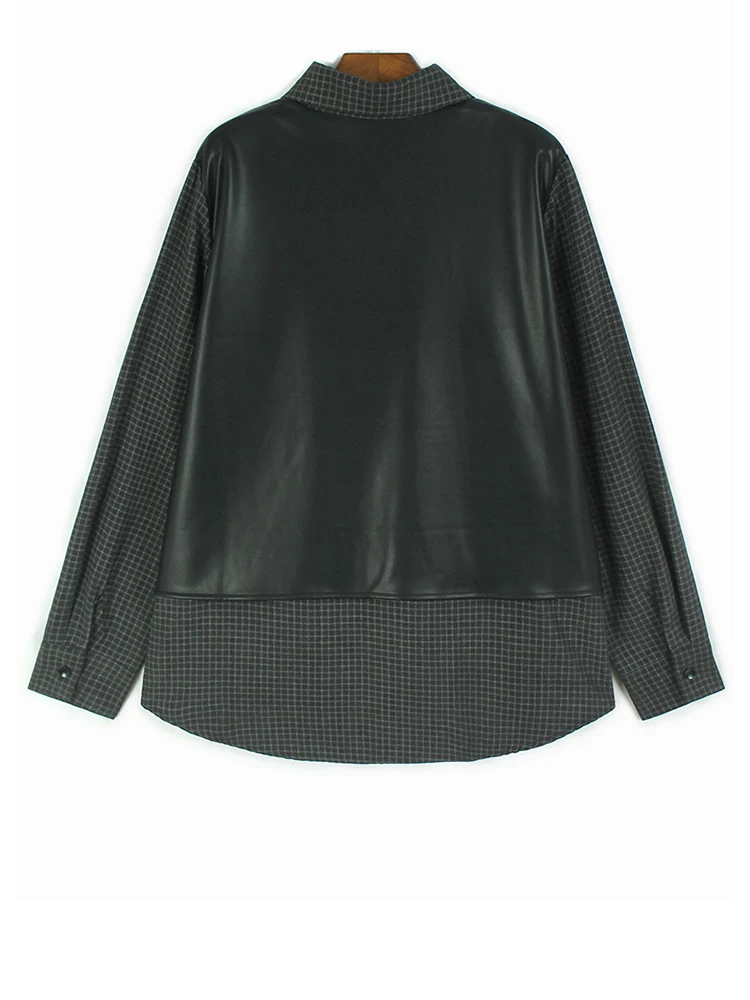 [EAM] Женская черная клетчатая повседневная блузка из искусственной кожи большого