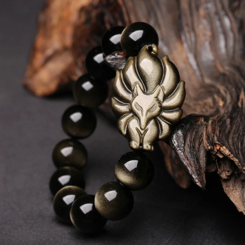 

Natural Stone Gold Obsidian Strand Fox Beads-Bracelet&Bangle Jewelry 8-16mm Nine-Taile Round Beaded Bracelets For Women/Men