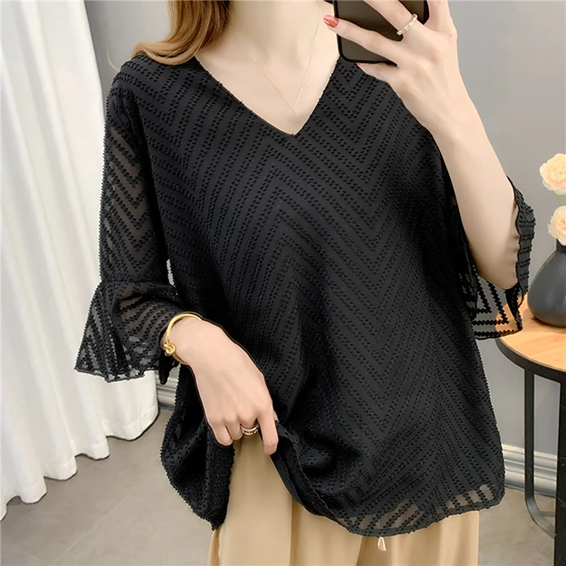 

Женская шифоновая блузка с V-образным вырезом и коротким рукавом