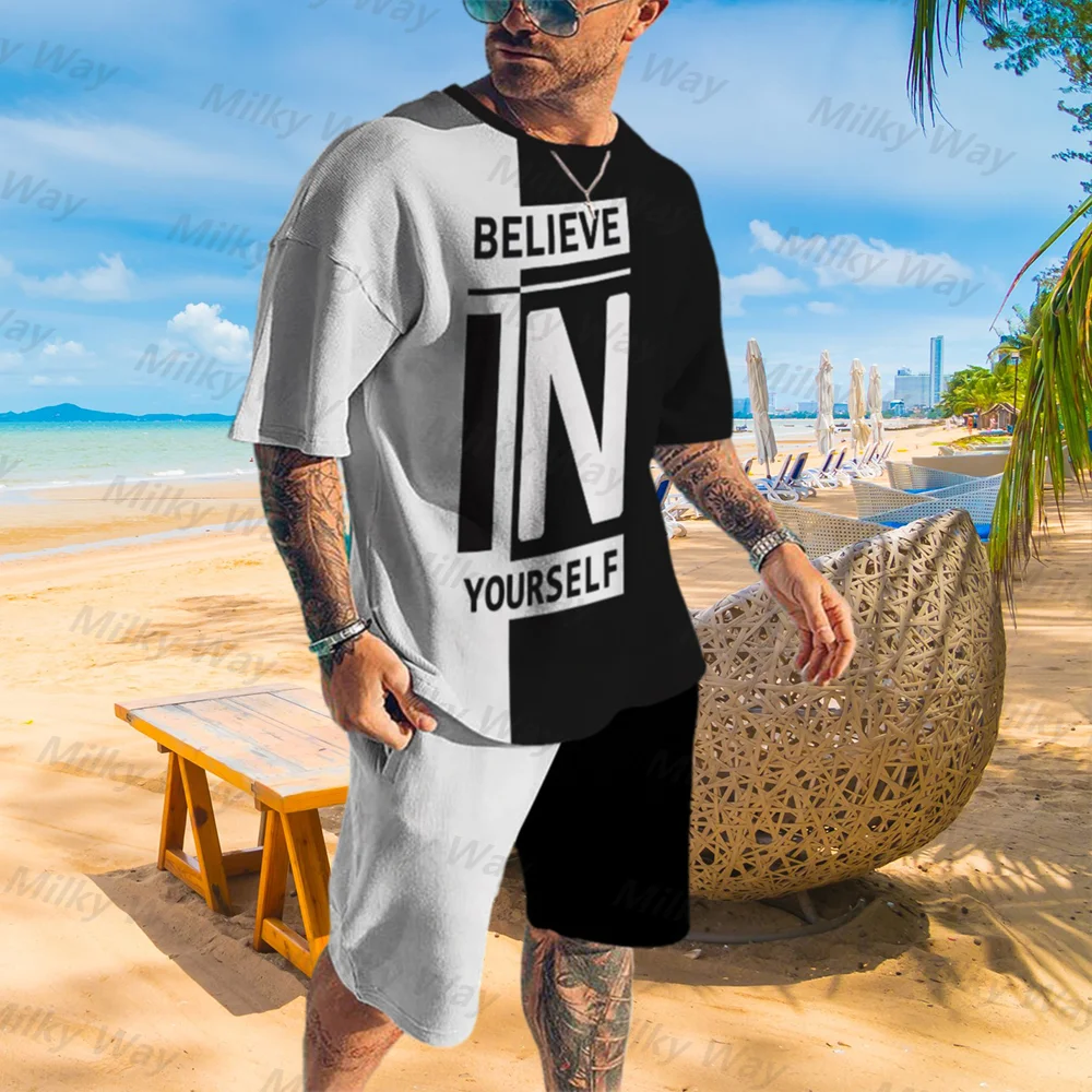 Men's Summer Tracksuit Believe in Yourself T-shirt Shorts Set Sports Outfit Jogging Suit Oversized Clothing Outdoor Streetwear