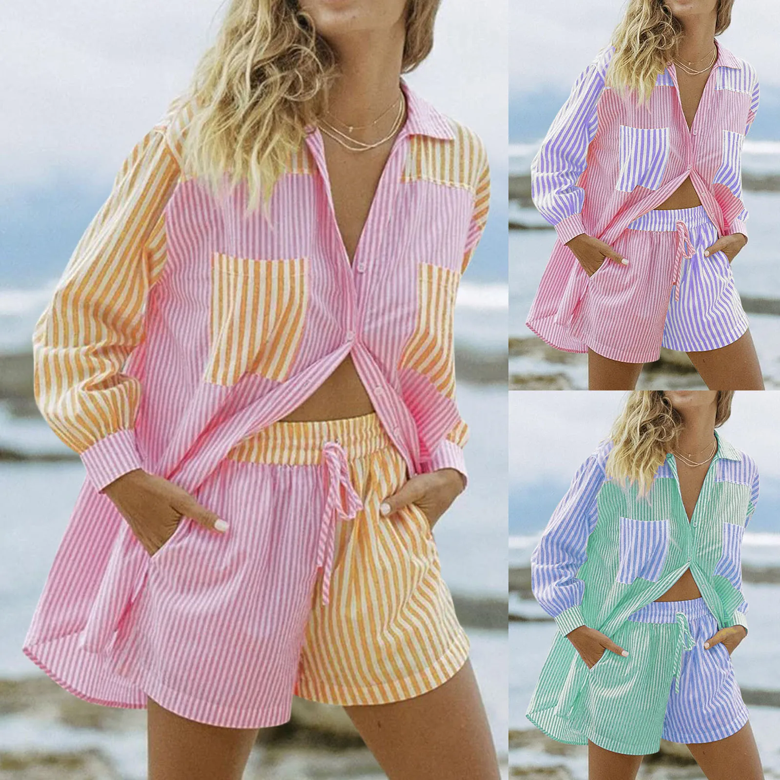 

Women Long Sleeved Striped Shirt Shorts Color Matching Pocket Lapel Suit Super Comfy High Quality Fashionable Sets Fast Shipping