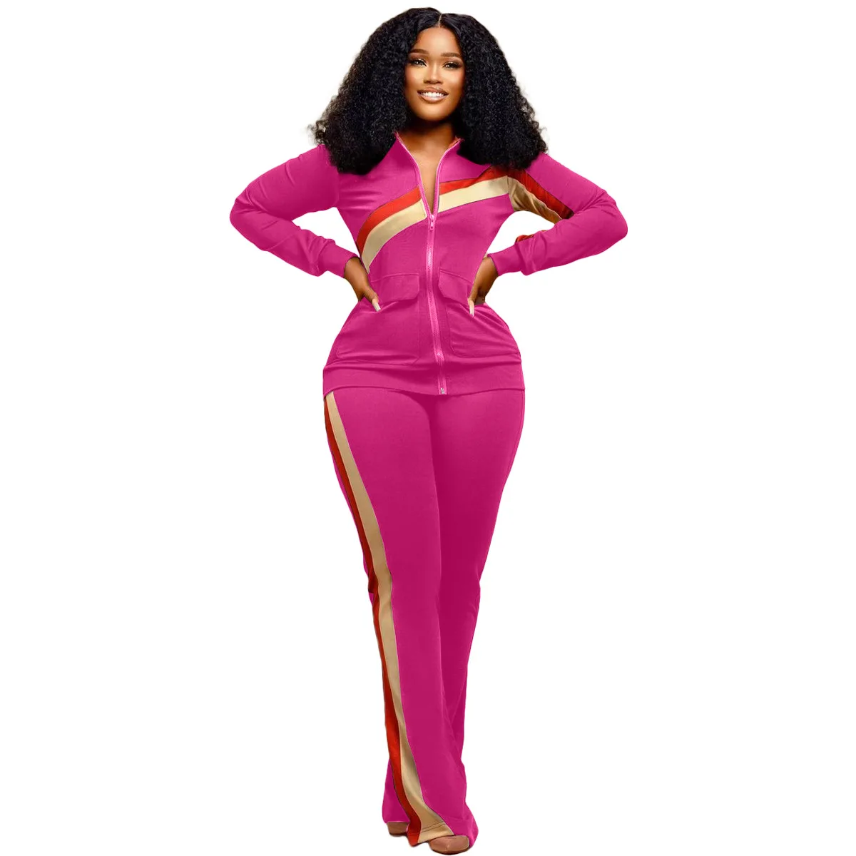 

Женский комплект из двух предметов, осенне-зимний женский комплект из двух предметов, топ на молнии из полиэстера с длинным рукавом и длинные брюки