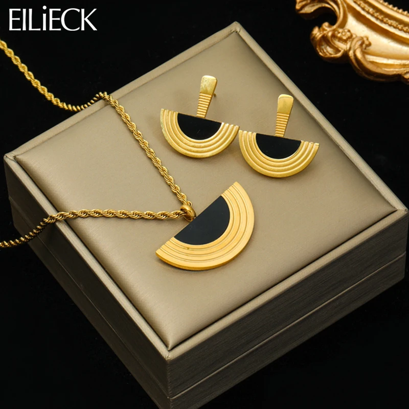 

EILIECK 316L Stainless Steel Geometric Semicircle Pendant Necklace Earrings For Women Luxury Design Jewelry Set Holiday Gift