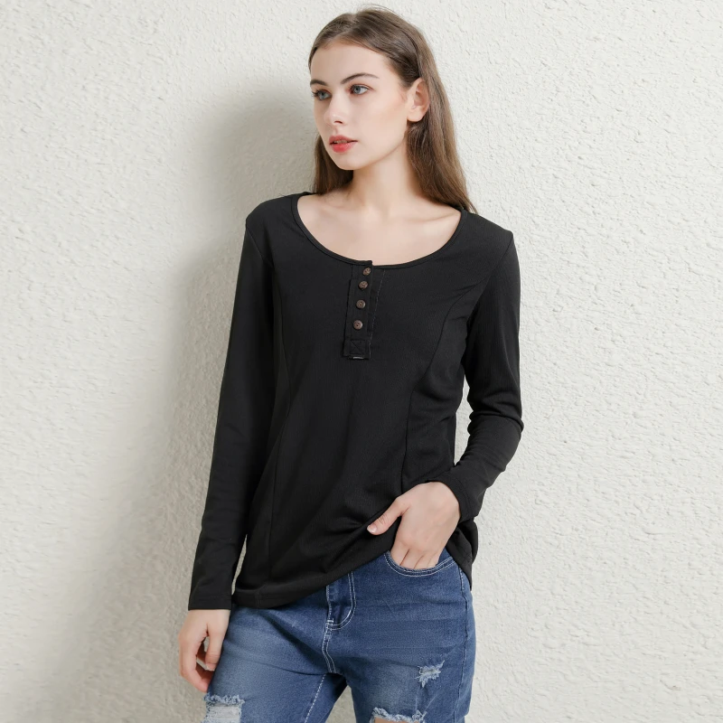 

Трикотажные рубашки, Осенний Женский пуловер, винтажные однотонные рубашки с длинным рукавом и U-образным вырезом, Повседневные базовые Топ...