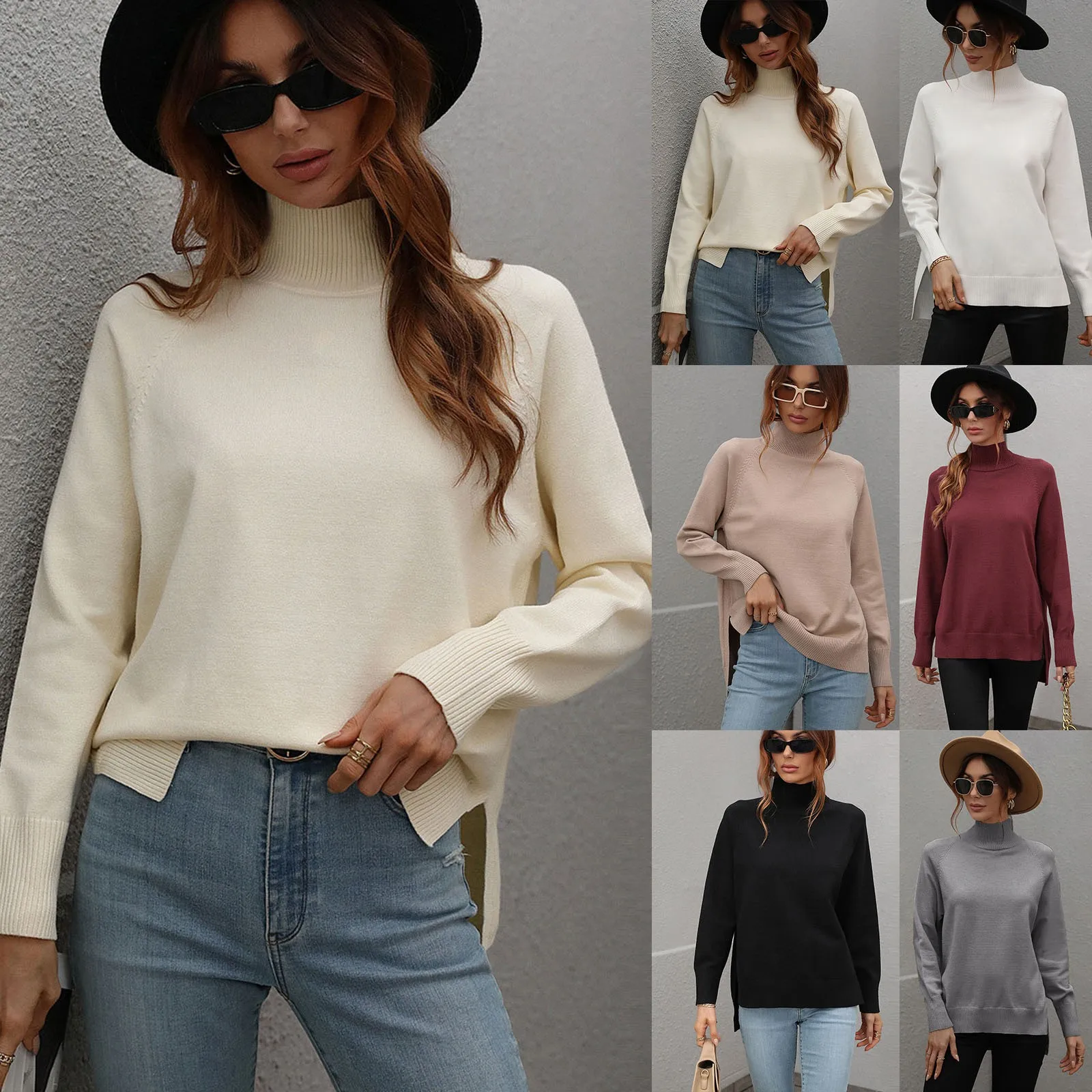 

Women's Solid Color High Collar Sweater 2023 Autumn/Winter New High Collar European and American Solid Color Sweater