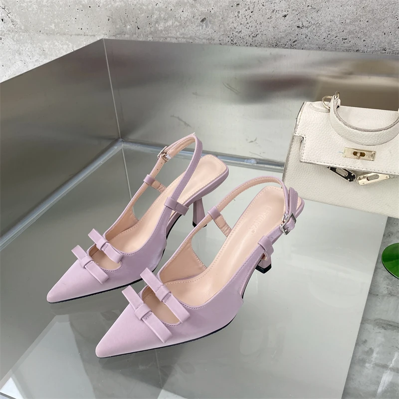 

2022 Summer Women 7cm High Heels Purple Slingback Sandals Lady Thin Low Heels Bow Knot Sandles Wedding Party Fetish Cute Shoes