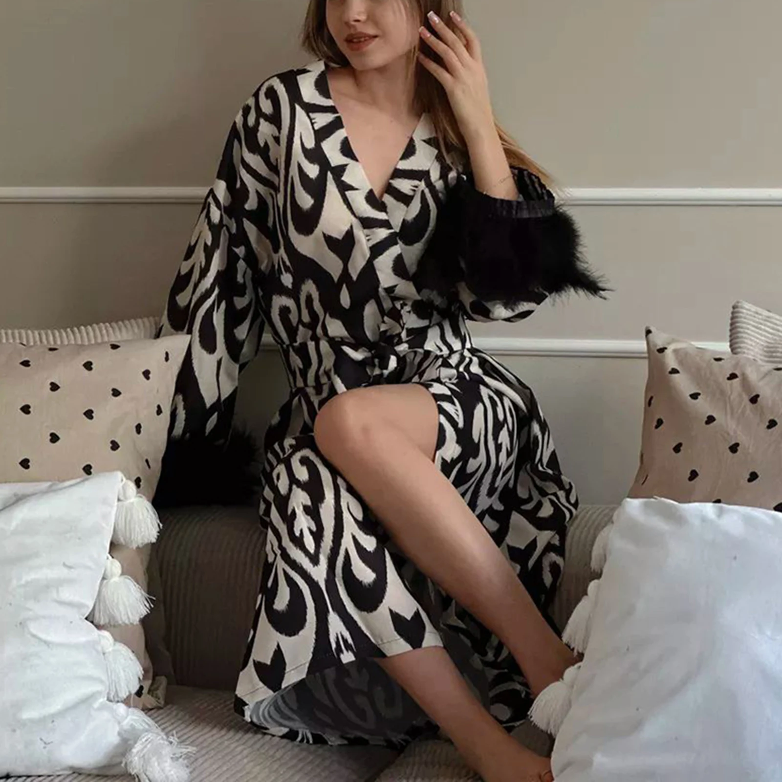 Женские халаты-кимоно модная отделка с перьями и принтом свободный удобный халат