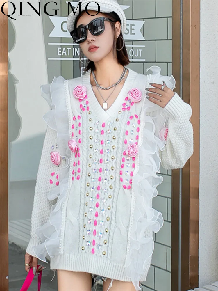 

QING MO Women Lace Splicing Ruffles Sweater Loose Heavy Industry Diamond Three-dimensional Flowers Sweater 2023 Autumn LHX1494A