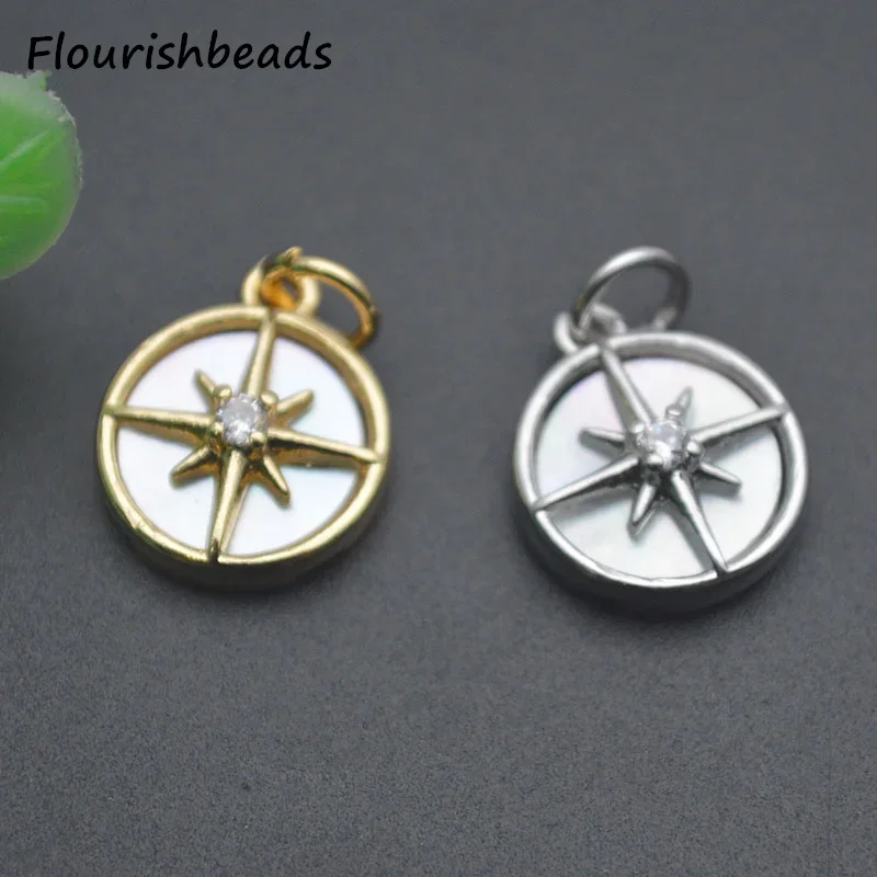 

Wholesale Anti Fading 18k Gold Plated CZ Pave Inlaid Natural Mop Shell Round Star Metal Charms for Diy Necklace Making 20pcs