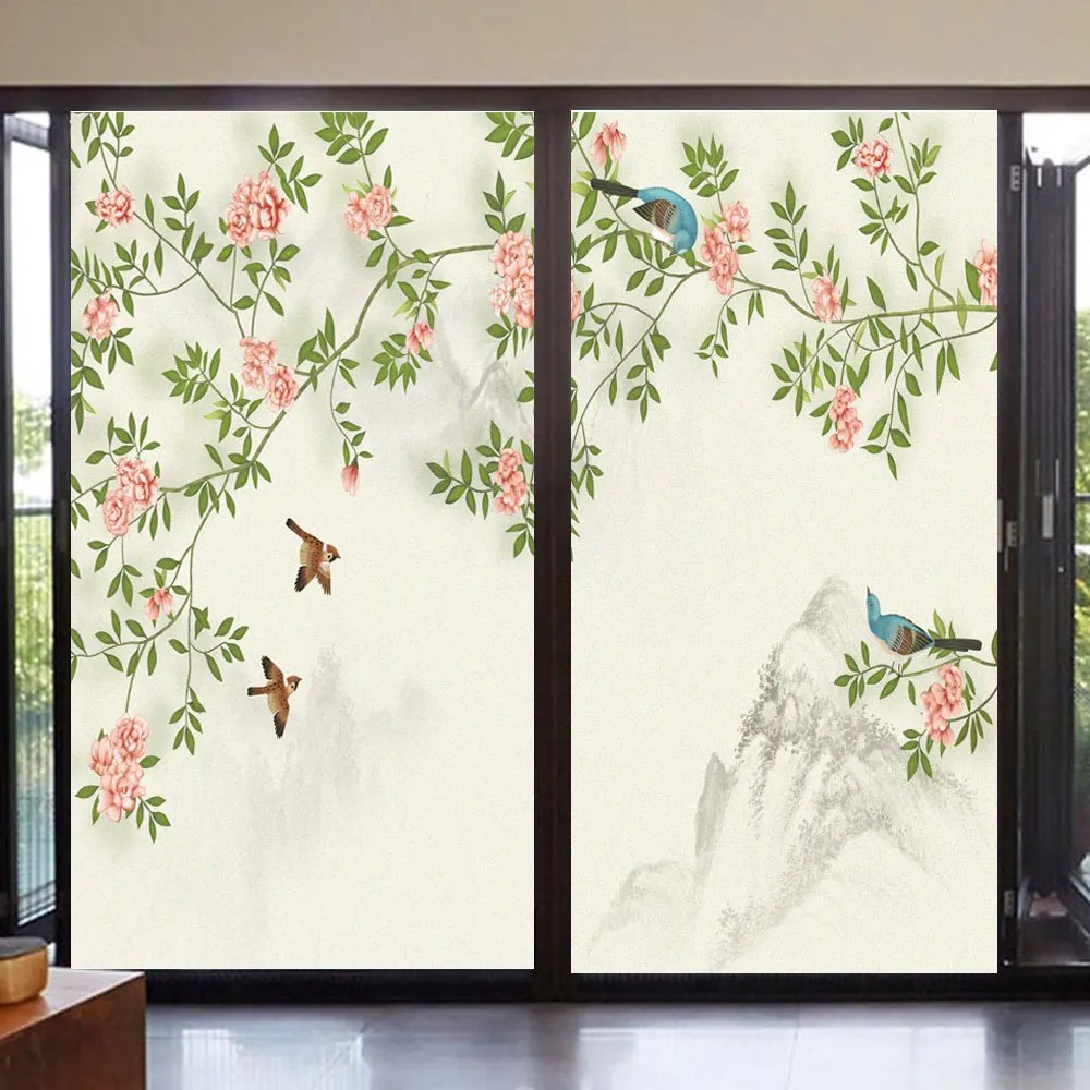 

Privacy Window Film Flowers and Birds Frosted Glass Sticker Sun Blocking Glue-Free Static Clings Glass Window Decoration Film