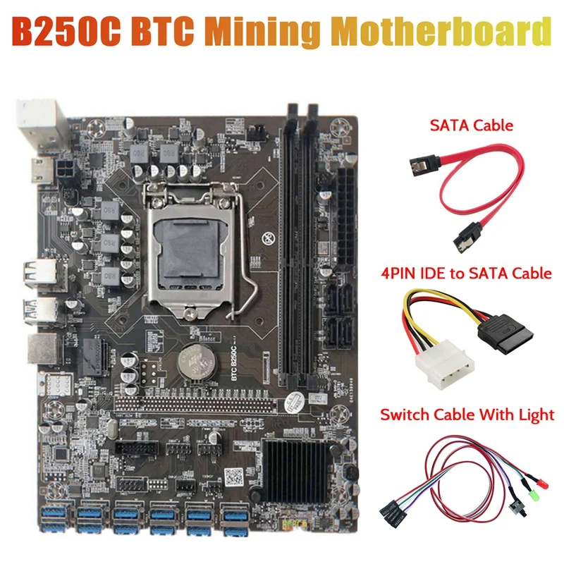 

B250C Miner Motherboard+Switch Cable With Light+4PIN IDE To SATA Cable+SATA Cable 12 PCIE To USB3.0 GPU Slot LGA1151
