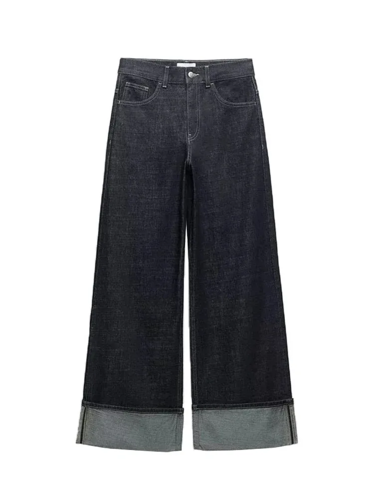TRAFZA женская мода Casual Rolled Pants Solid Colour Button Loose Wide Leg High Waist Streetwear Commuter Jeans