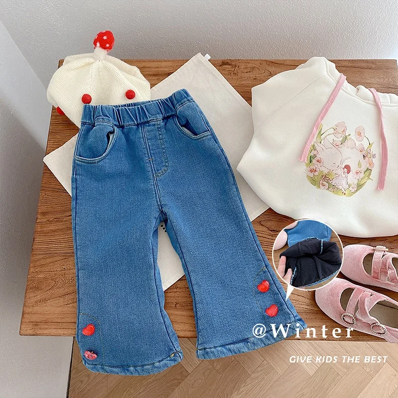 

Winter Toddler Girls Casual Fleece Jeans Children's Cute Strawberry Bell Bottoms Baby Girls Warm Flare Pants Kids Cotton Clothes