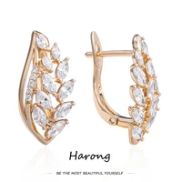 harong delicate leaf crystal stud earrings copper quality antioxidant metal gold color aesthetic jewelry ear ring for women girl
