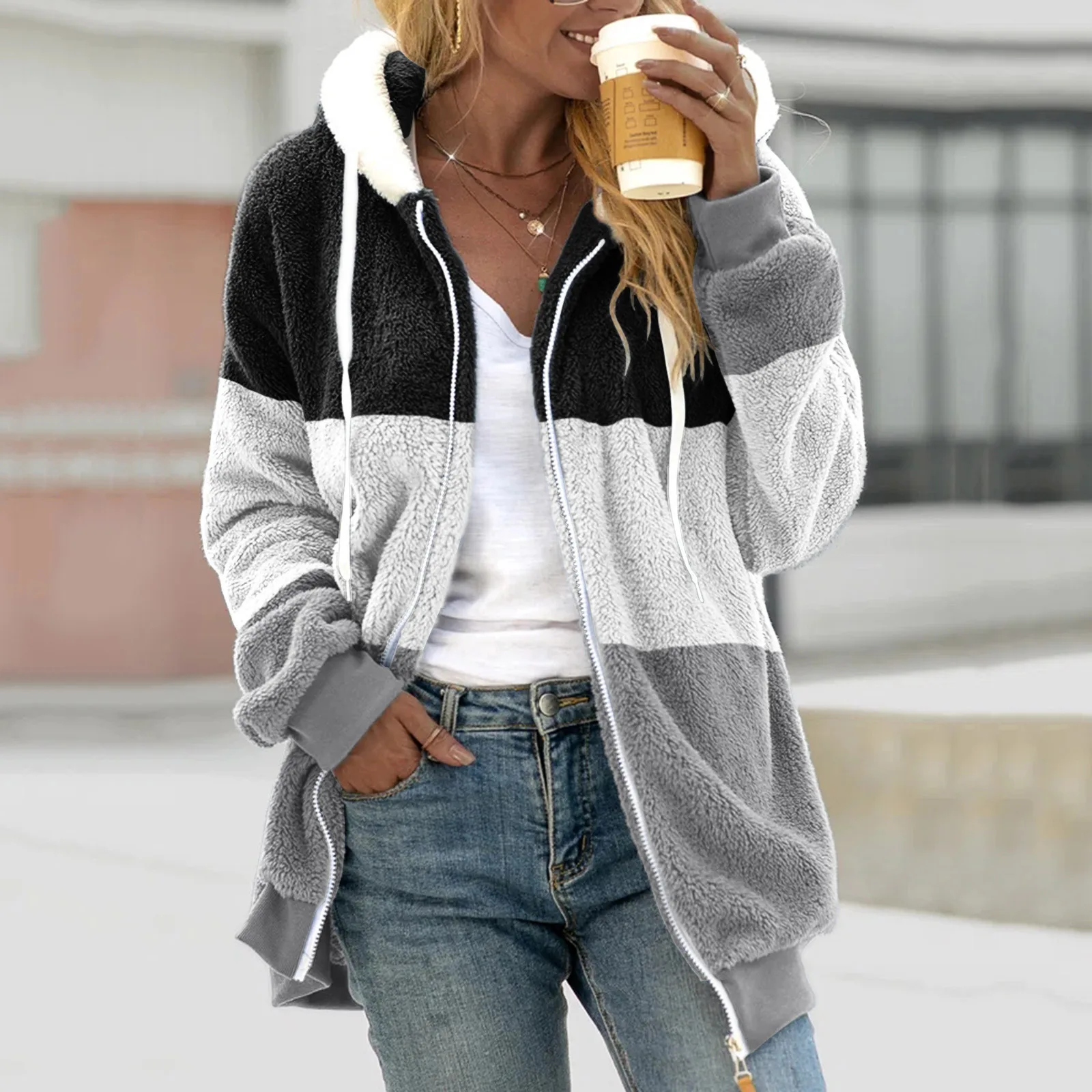 

Women's Coat Stitching Three- Pocket Cute Hooded Pullover Sweatershirts Light Jackets Outerwear String Jacket Women Warm Jacket