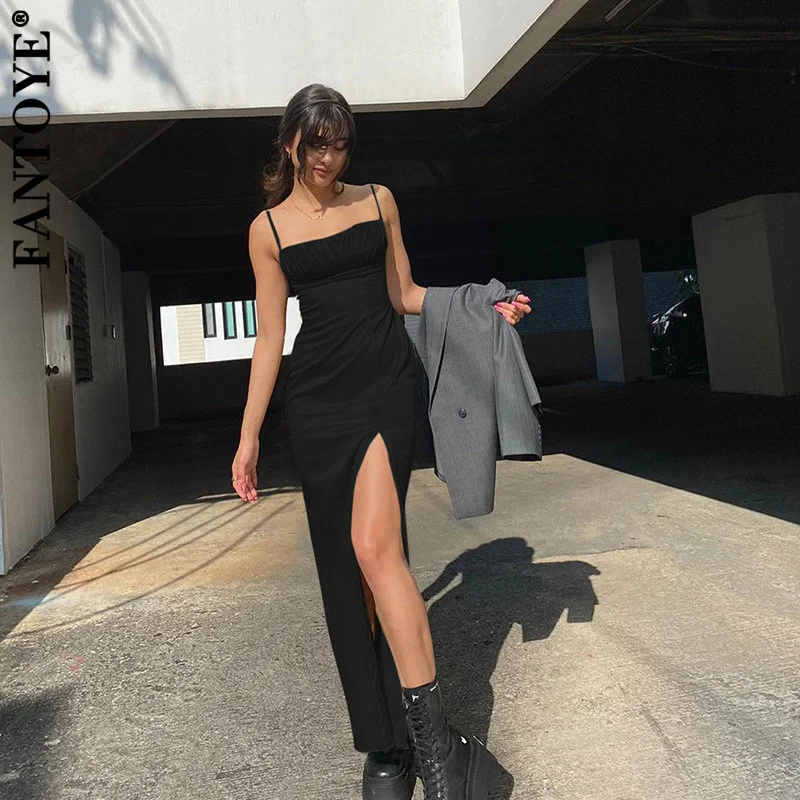 

Black Spaghetti Strap Maxi Dress Women Sexy Ruched Bandage Slim Christmas Dress Elegant High Split Vestido New Year