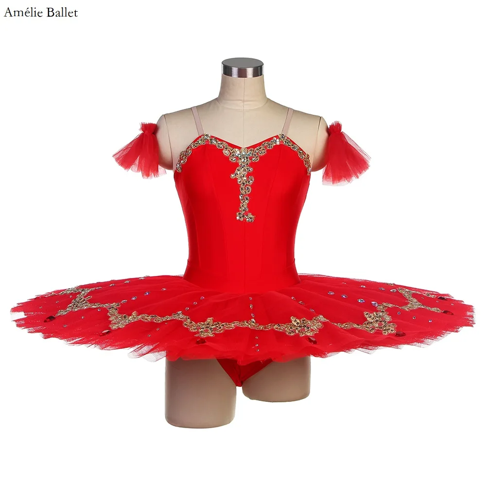 

BLL553 Red Spandex Bodice Pre-professional Ballet PancakeTutu with Gold Trims Perforamcne Ballet Tutu Red Tulle Tutu