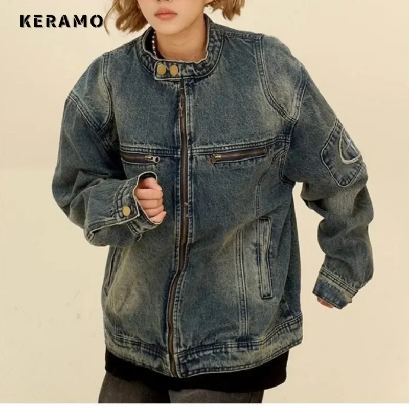 Женская джинсовая куртка на молнии Повседневная Свободная синяя с круглым