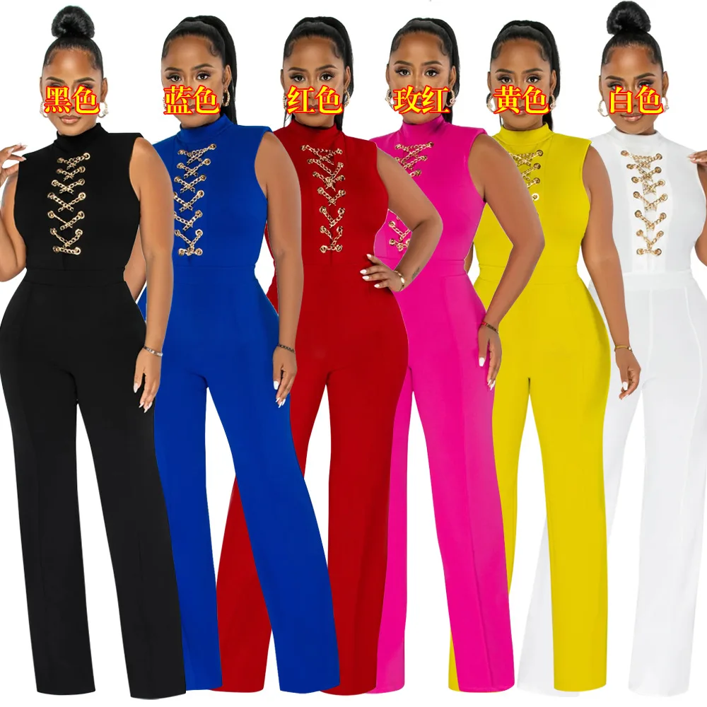 Casaul Women Jumpsuit Chain Cross Sleeveless Long Wide Pants Sportsuit Streetwear Long Romper Women Jumpsuit Overalls