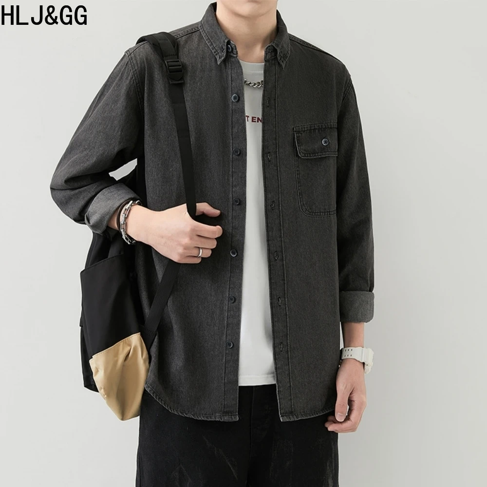 

HLJ&GG Fashion Cowboy Long Sleeved Shirts for Mens Casual Solid Work Shirt Coats Male Breatheable Streetwear Tops New Arrivals