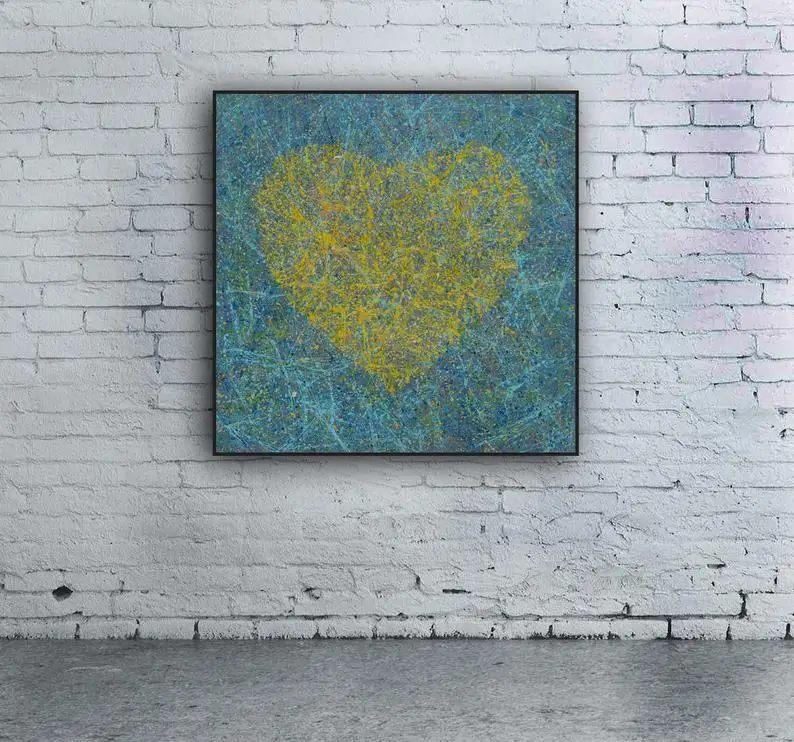 

original large heart abstract painting jackson pollock art, home wall canvas art decor, blue yellow heart ready toabstract oil