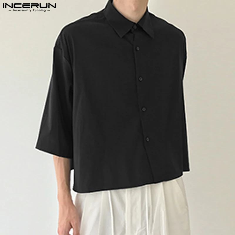 

Повседневная Однотонная рубашка, полуцвет, на пуговицах, Мужская Уличная одежда, повседневные модные мужские рубашки для отдыха 2023, корейские рубашки с рукавами с лацканами