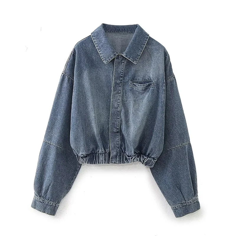 

YENKYE Autumn Winter Women Vintage Denim Bomber Jacket Long Sleeve Hem Elastic Female Loose Streetwear Coat