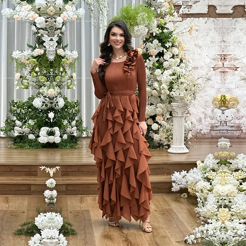 Плиссированное платье 2025 года с рюшами женское повседневное макси