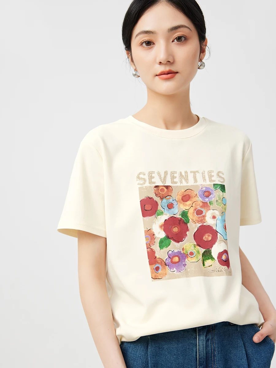 

Hand-painted Graffiti Flower Pattern Printing T-shirt Women Short Sleeve Summer 2023 95% Cotton Loose Tops Tees O-Neck