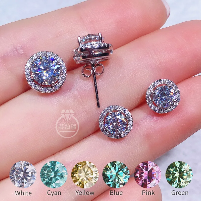 

2023 New Trend Moissanite Earrings Total 1ct 2ct Round Cut Diamond Studs Earrings For Women 925 Silver Jewelry For Wedding
