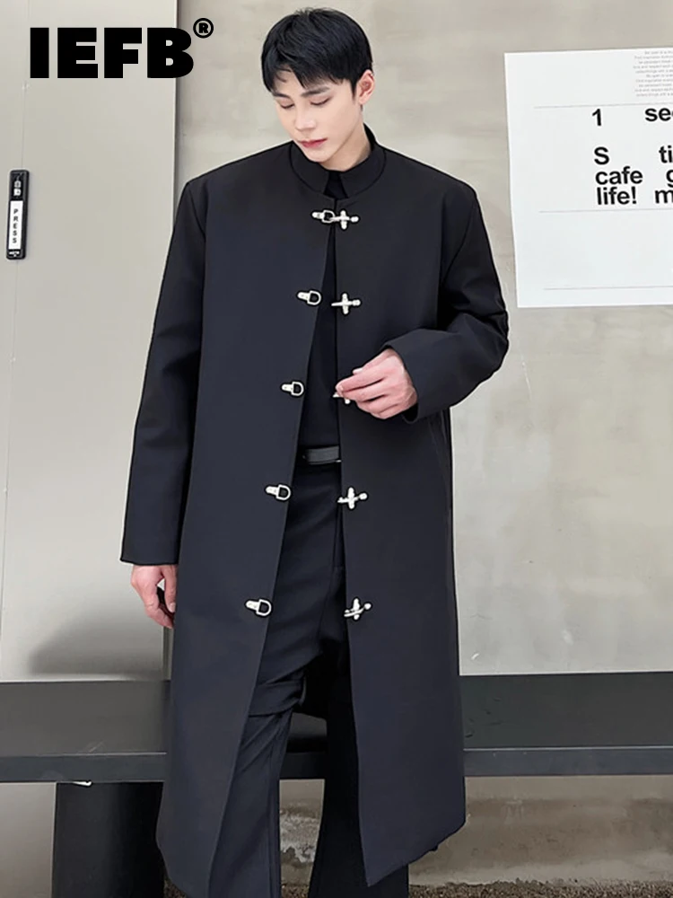 

IEFB Dark Button Medium Long Coat Stand Collar Windbreaker 2023 Solid Color Darkwear Korean Fashion Male Trench Autumn 9A5604