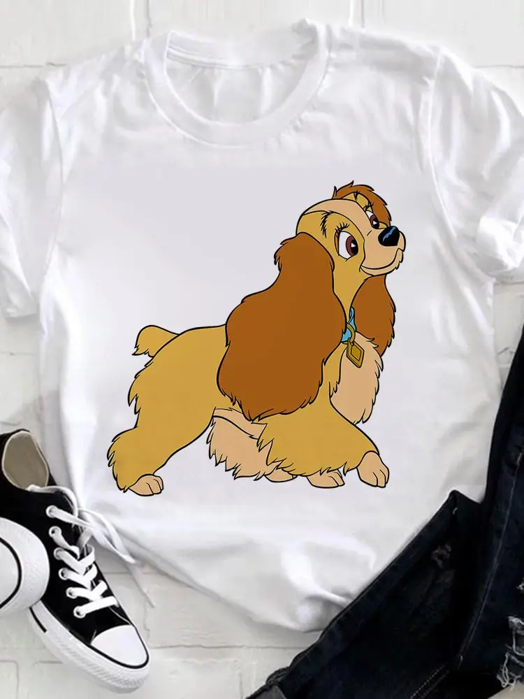 

Cartoon Disney Lady and The Tramp Graphic Women's Top Funny Creative Short Sleeve Tshirt Summer Loose O-Neck T-Shirt